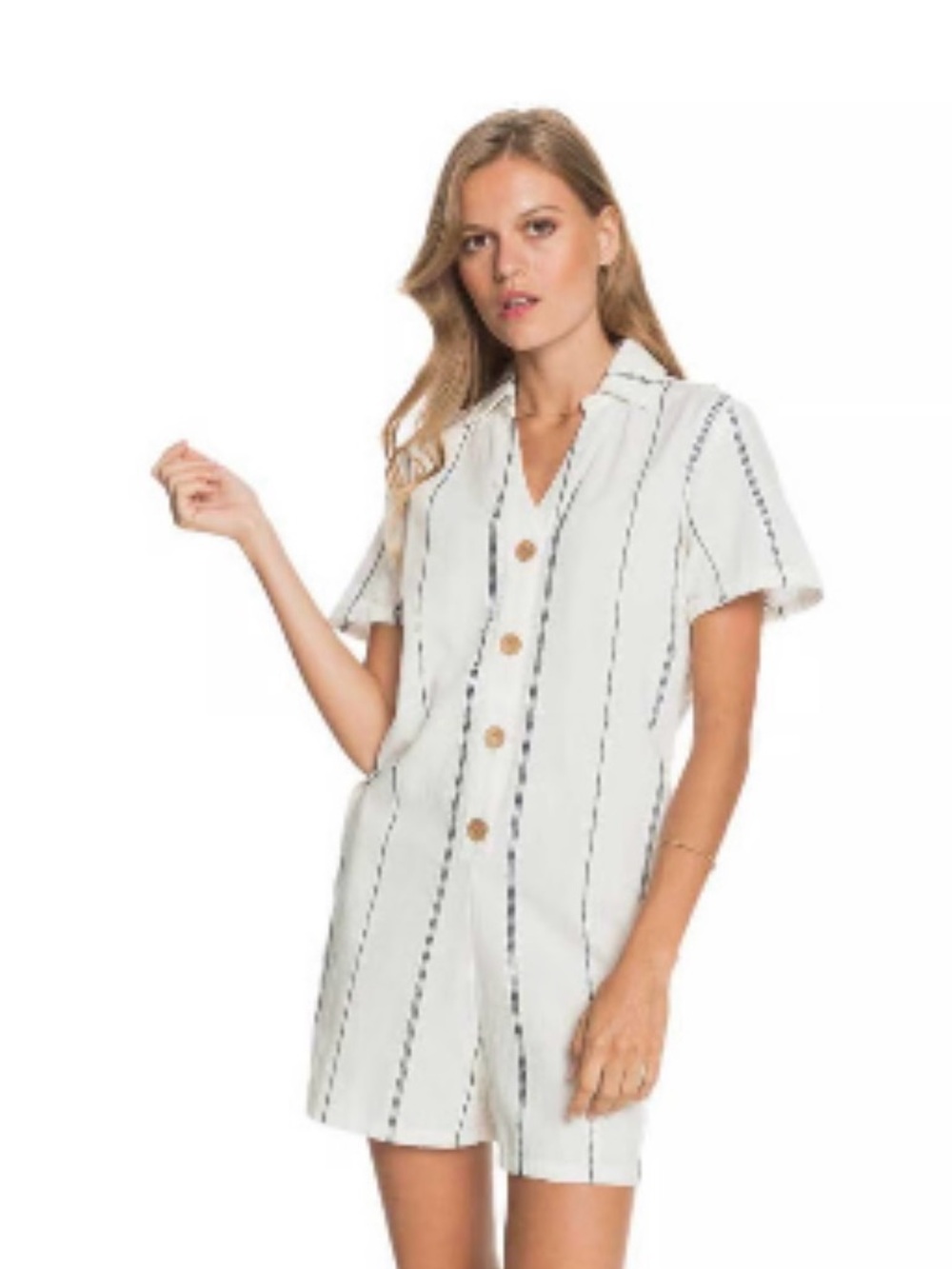 ROXY Striped Button-Front Short Sleeve Romper in White and Navy